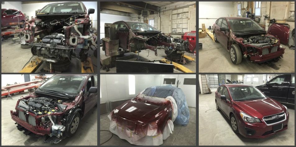 Six-stage repair sequence: collision damage through finished panel — Spofford Bodywerks refinishing process